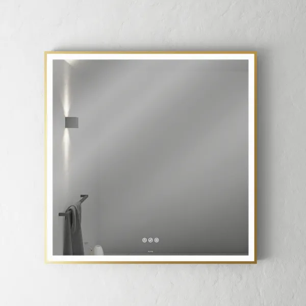 Pulcher Soho Mirror PSM-8080 - 80x80 cm. Speil m/lys og lysstyring, Matt Messing farget ramme