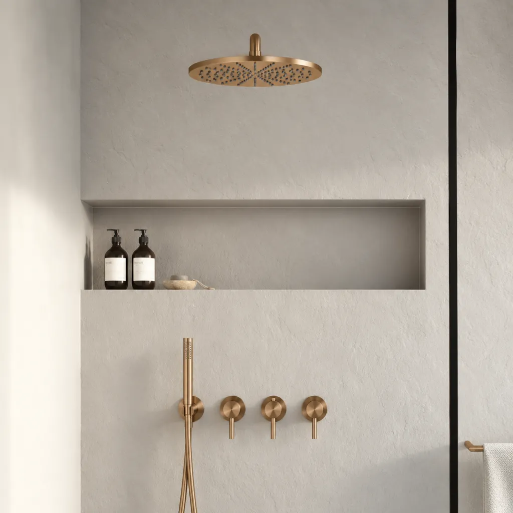 Semplice STB801 S07 - Rain DeLux SmartTerm Ø30 cm EasyClean, Væg, PVD Børstet Kobber