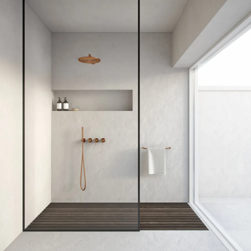 Semplice STB801 S07 - Rain DeLux SmartTerm Ø30 cm EasyClean, Væg, PVD Børstet Kobber