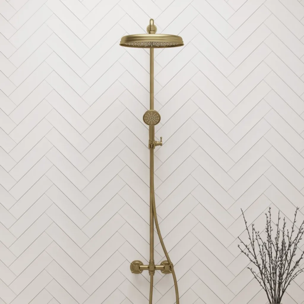 Hassel&Teudt HBR800 S02 - Brusestangssæt m/Ø31 cm. Rain DeLuxe m/EasyClean, Poleret Messing Natur