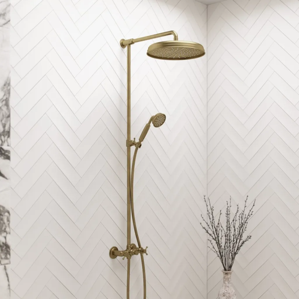 Hassel&Teudt HBR800 S02 - Brusestangssæt m/Ø31 cm. Rain DeLuxe m/EasyClean, Poleret Messing Natur