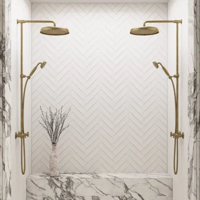 Hassel&Teudt HBR800 S02 - Brusestangssæt m/Ø31 cm. Rain DeLuxe m/EasyClean, Poleret Messing Natur