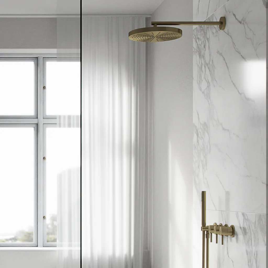 Semplice STB801 S02 - XXL Rain DeLux Ø28 cm, SmartTerm Væg, PVD Børstet Messing