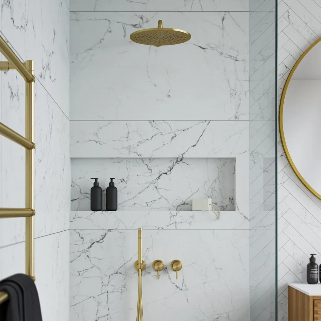 Semplice SBR801 S07 - Brusesæt, Rain DeLuxe Ø30 cm, Væg, PVD Børstet Messing