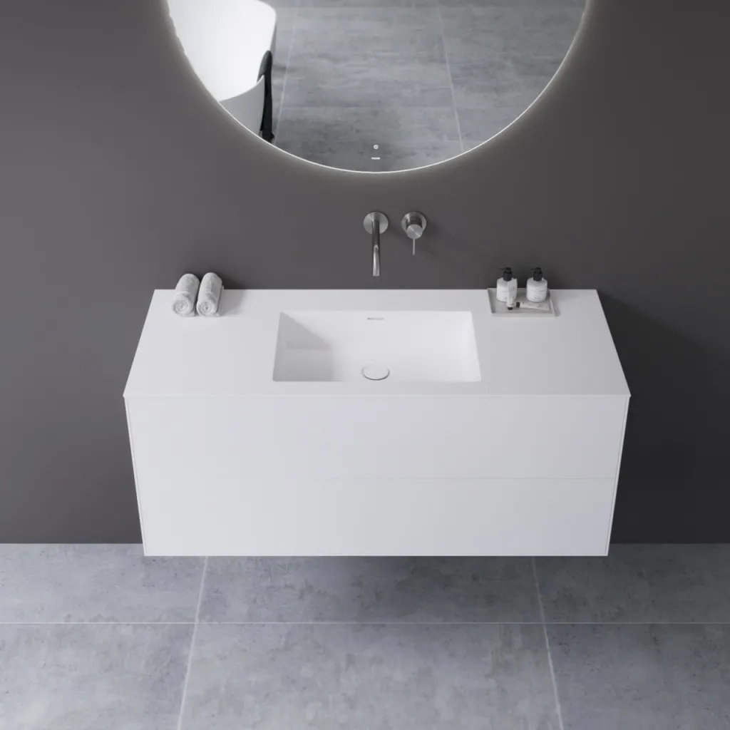 Copenhagen Chic 120 - MKII, Snedkermøbel, 2 skuffer, vask & korpus i Glacier White Corian® og fronter i Matwhite